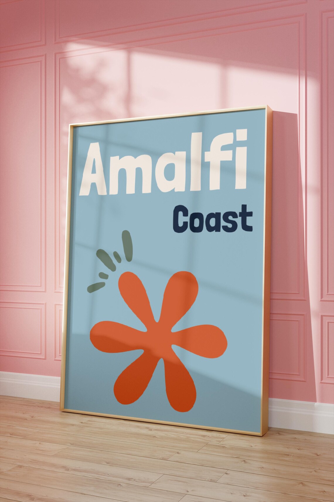 Amalfi Coast Travel Poster Retro Blue Orange Flower Beach Decor - Image 2