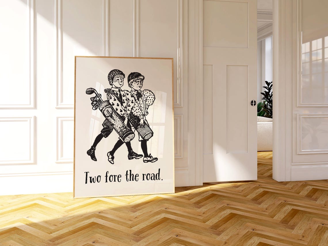 Two Fore the Road Vintage Golfers Caddies Black and White Art Poster - Image 2
