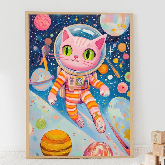 Cute Pink Astronaut Cat Floating Through Colorful Galaxy Poster