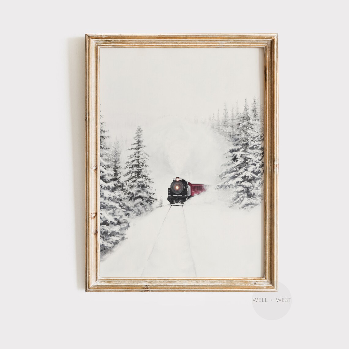 Steam Train In Snowy Forest Vintage Winter Christmas Wall Art Print