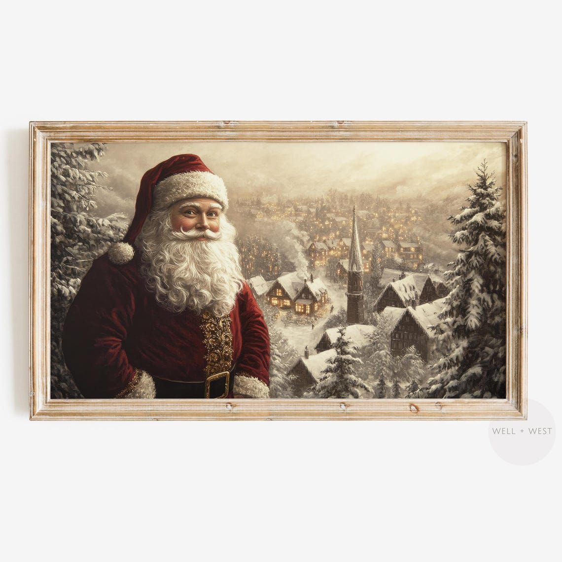 Christmas Village Frame Tv Art Santa Claus Vintage Style Painting Cozy Winter Town Neutral Holiday Decor Classic Santa Art Tv398