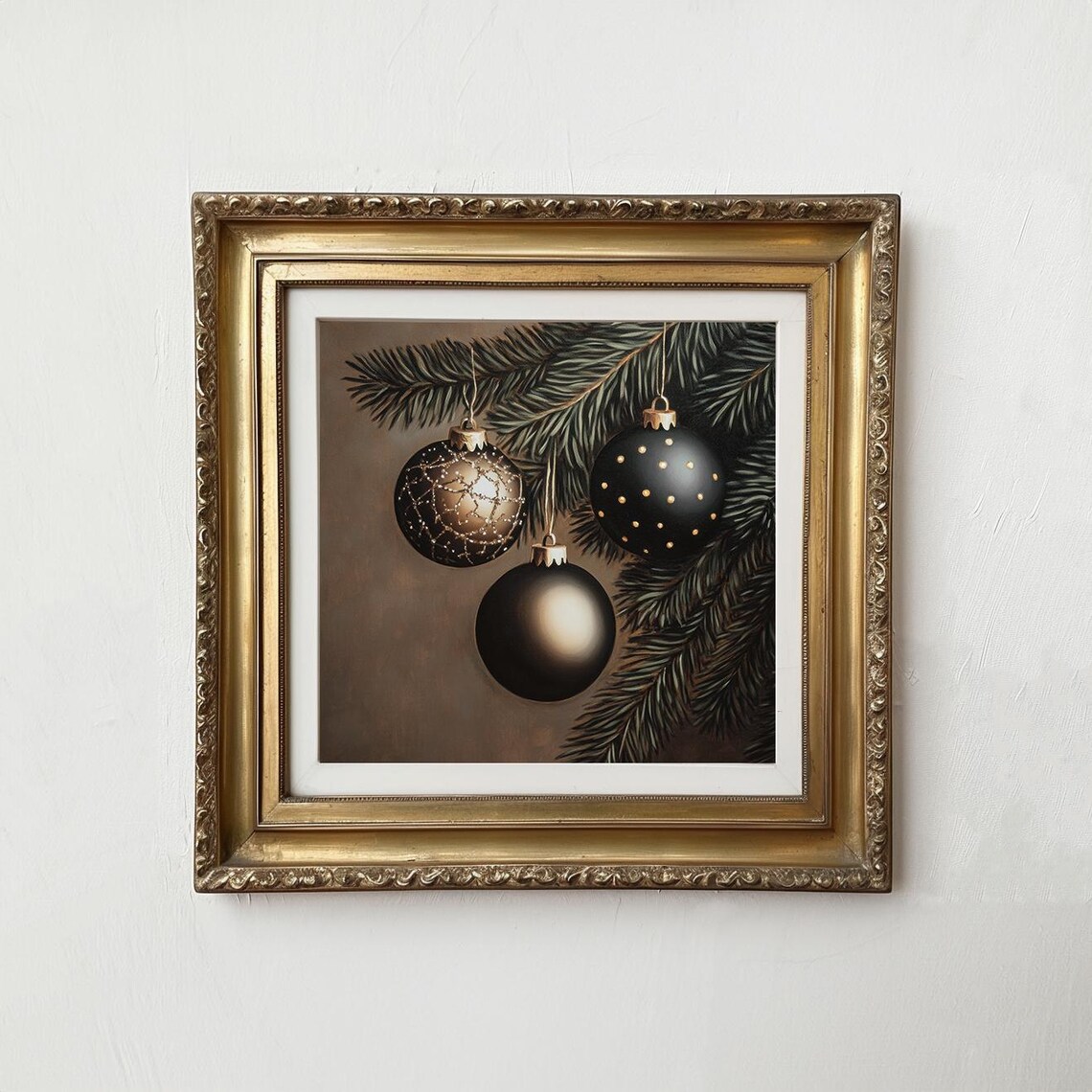 Moody Black Christmas Ornaments Pine Branch Dark Holiday Wall Art - Image 3