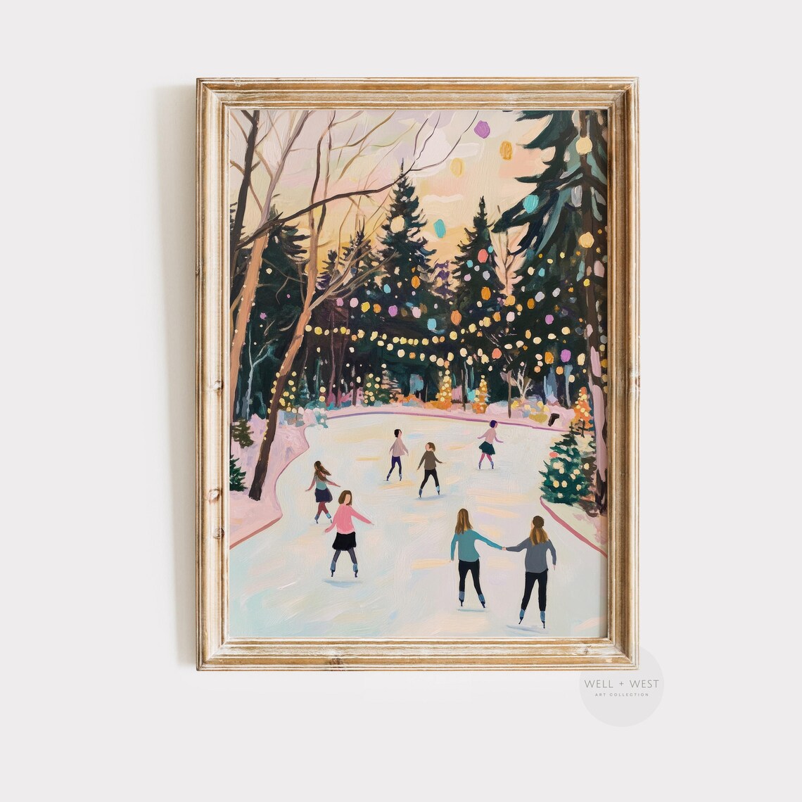 Pastel Ice Skating Print, Vintage Winter Landscape