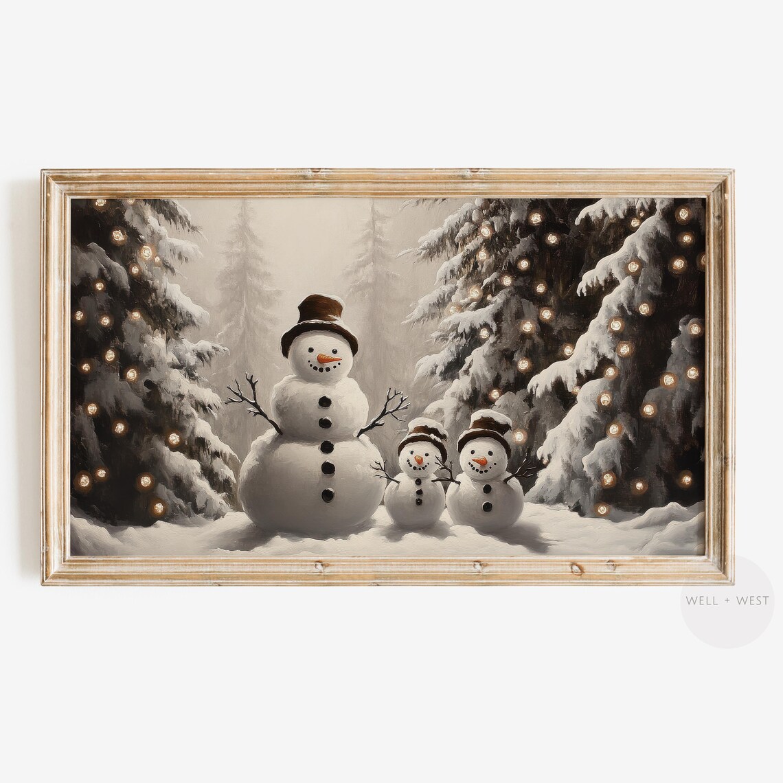 Snowman Family Christmas Tree Painting, Vintage Style