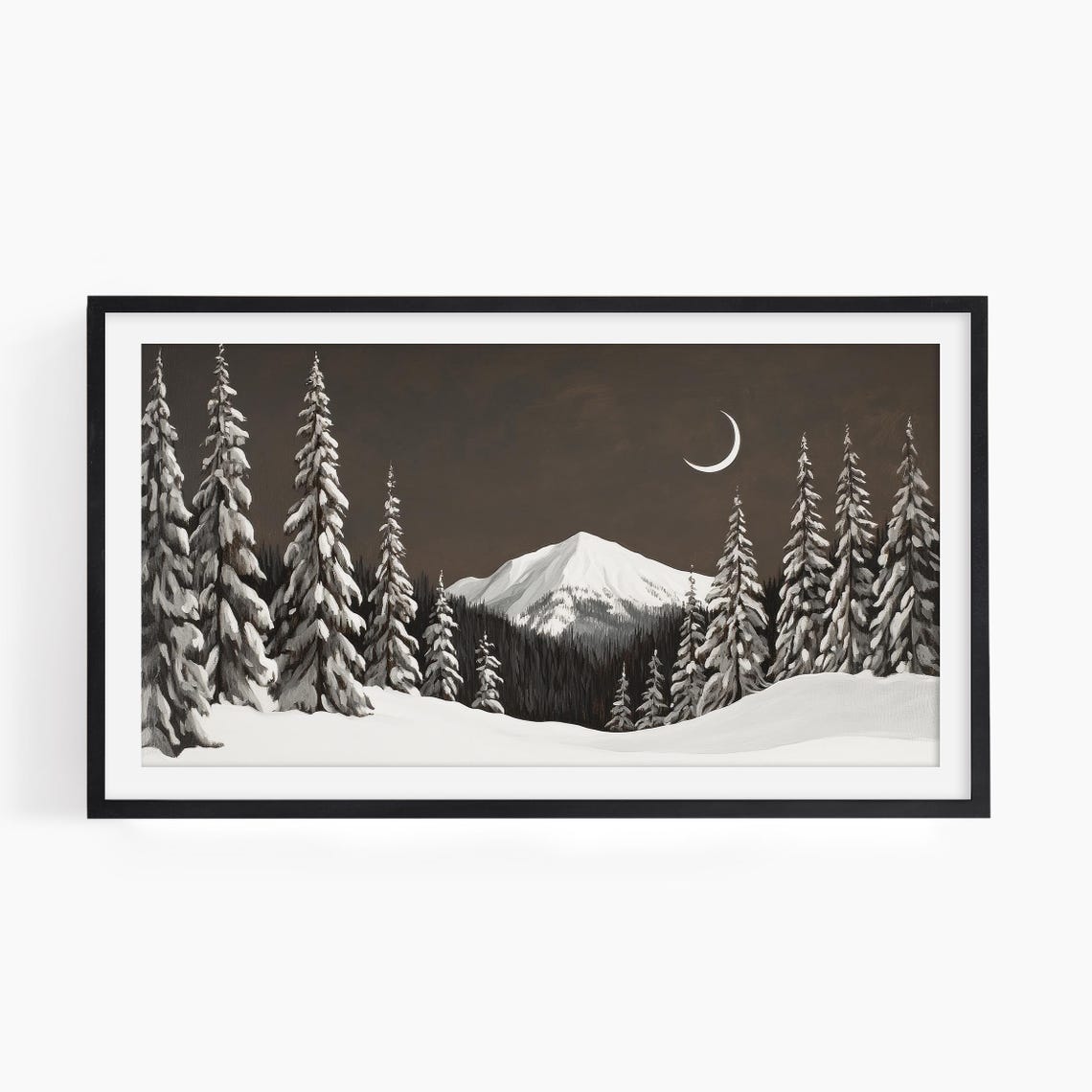 Crescent Moon Over Snowy Mountain Pines Night Winter Landscape Print - Image 2