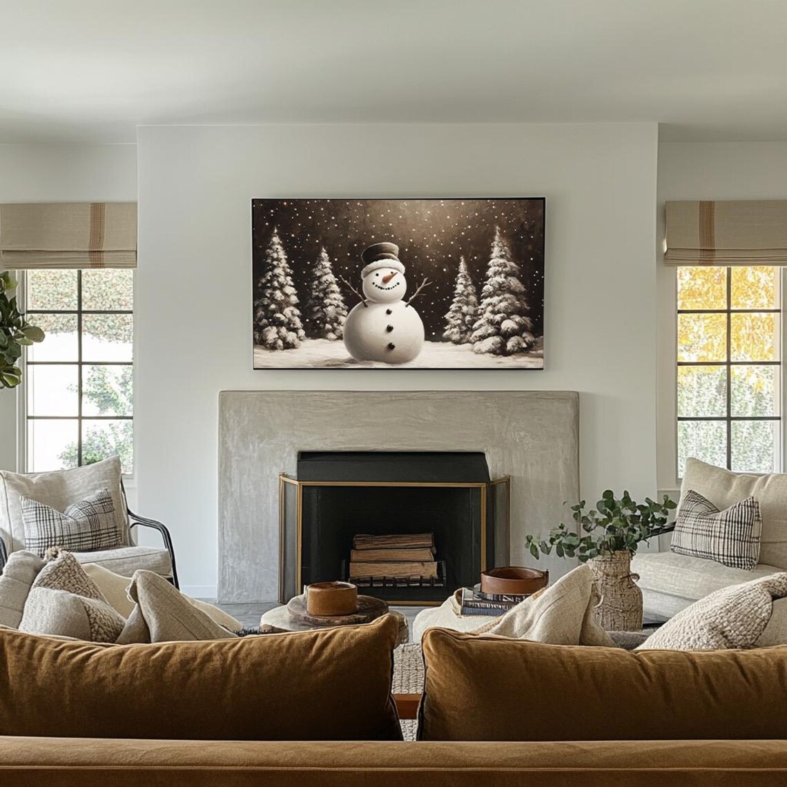 Vintage Christmas Snowman Snowy Night Landscape Painting Poster - Image 3