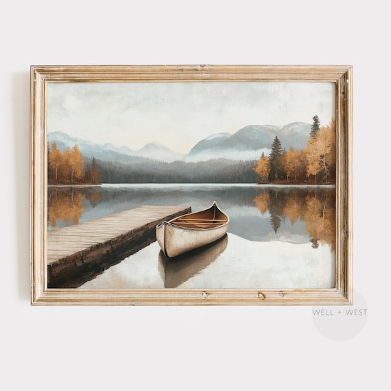 Fall Lake Row Boat Vintage Style Landscape Art Print
