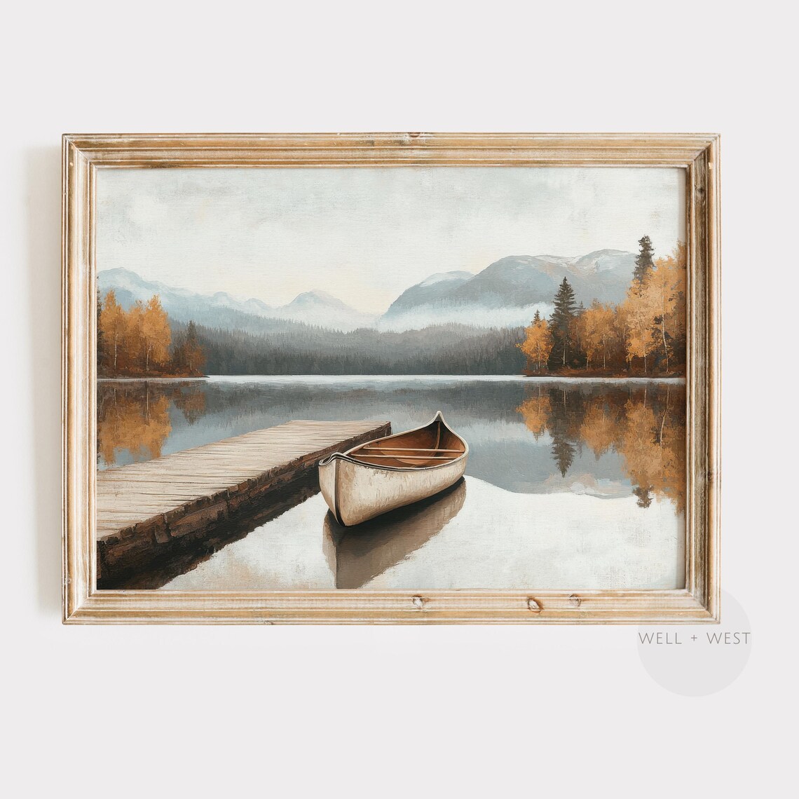 Fall Lake Row Boat Vintage Style Landscape Art Print