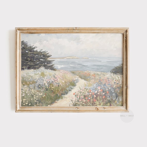 Wildflower Print, Vintage Coastal Ocean Landscape