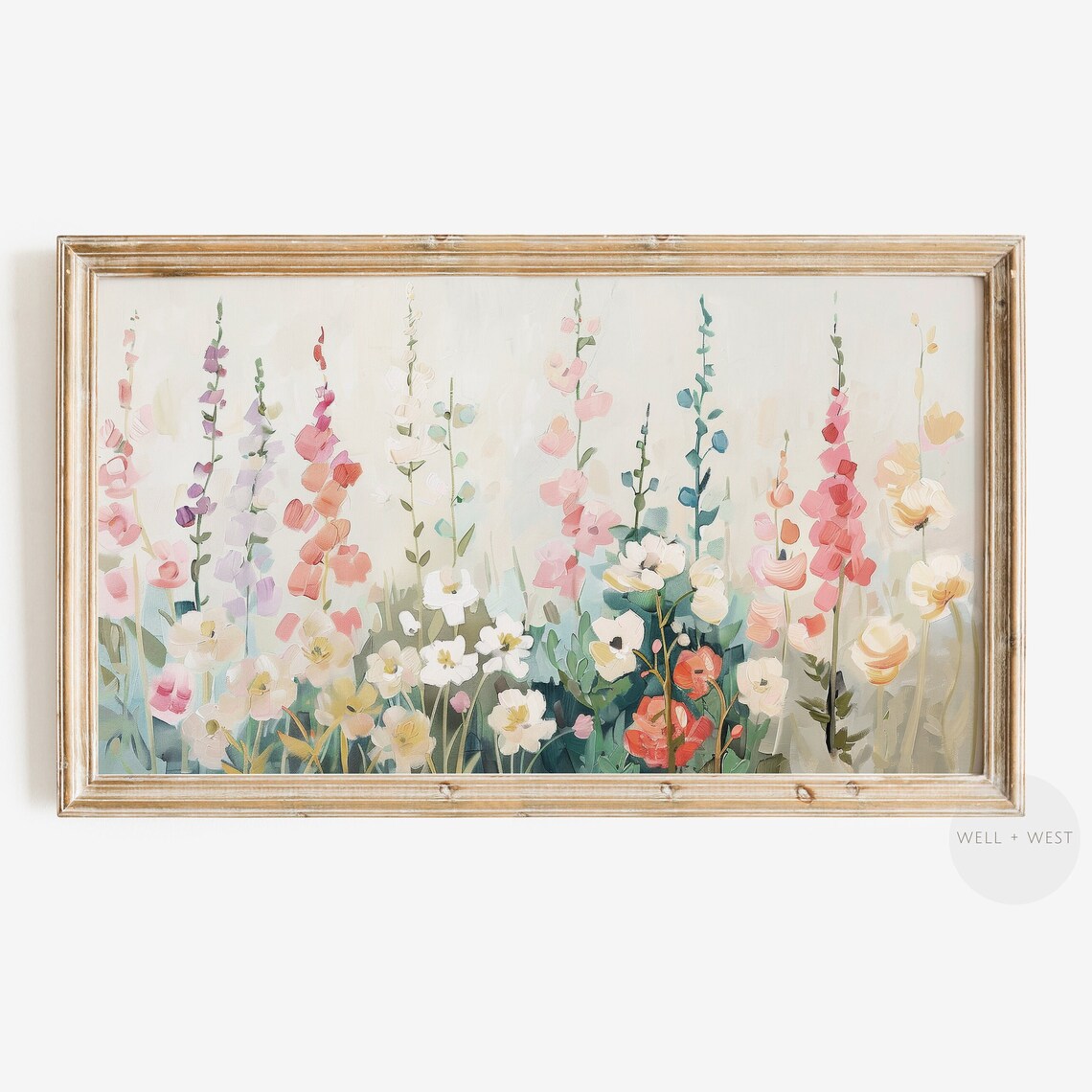 Hollyhock Garden Pastel Wildflowers Vintage Floral Cottage Poster