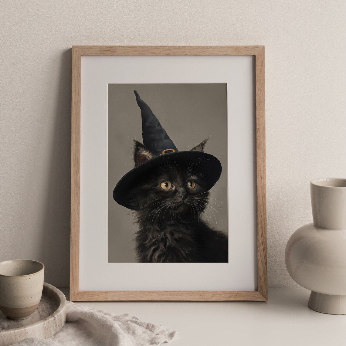 Black Cat Vintage Halloween Witch Hat Art Print - Image 2