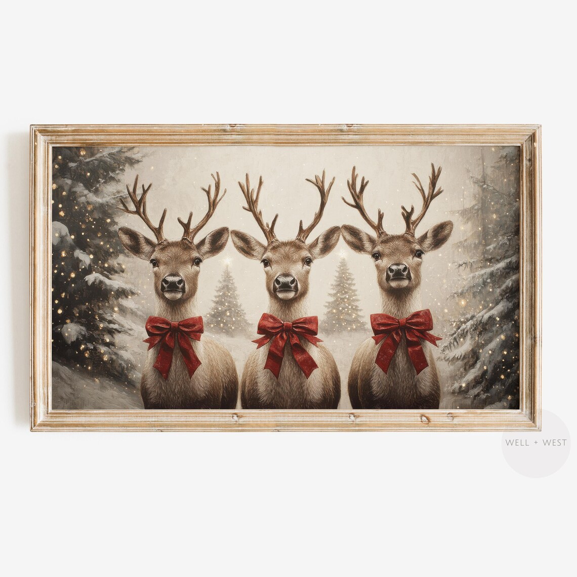 Moody Christmas Reindeer In Red Bows Art Print