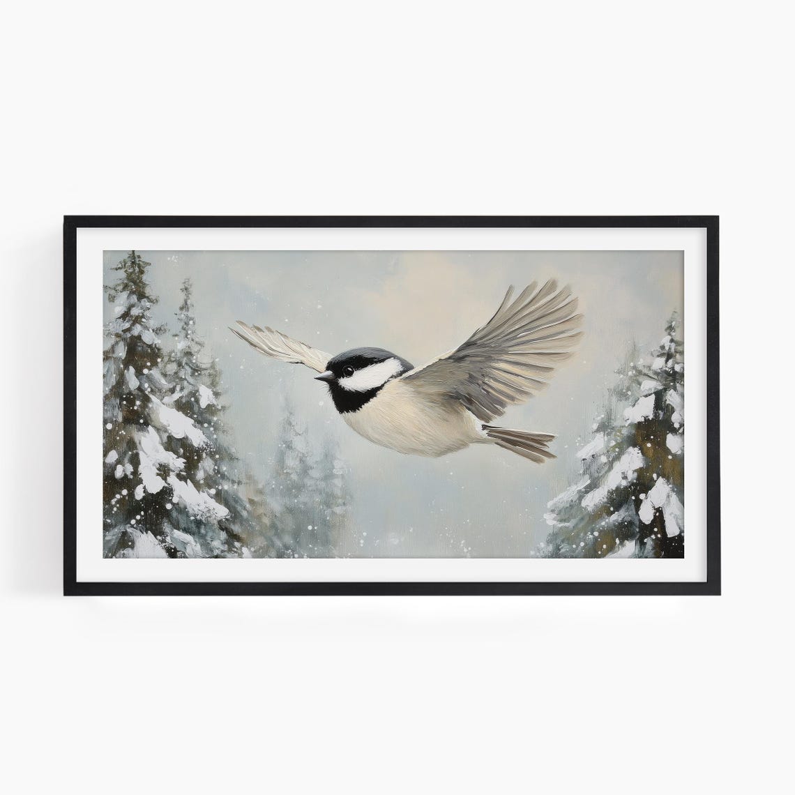 Chickadee in Flight Over Snowy Pines Winter Forest Wall Art Print - Image 2
