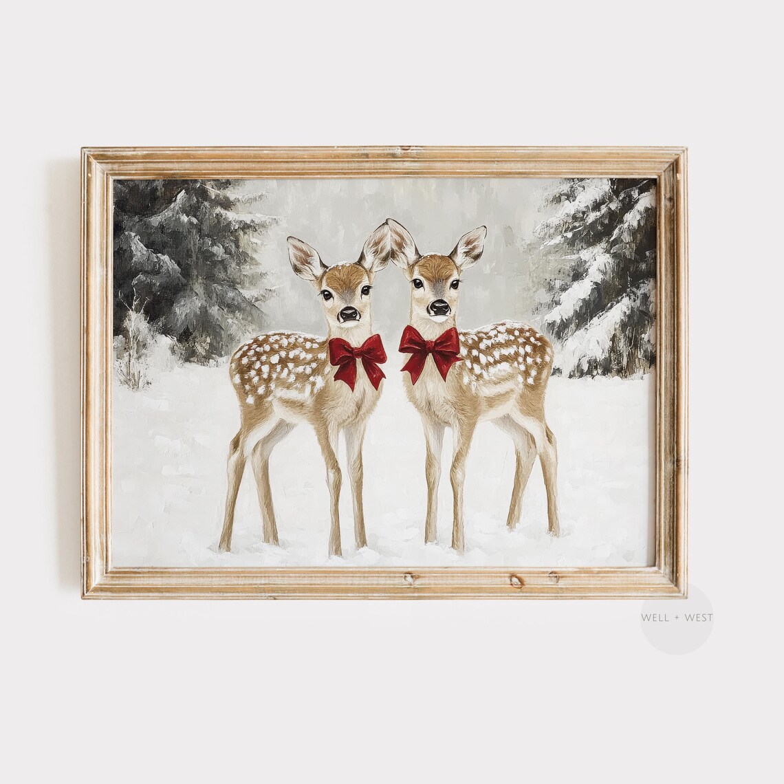Adorable Twin Fawns Red Bows Snowy Winter Whimsical Deer Poster