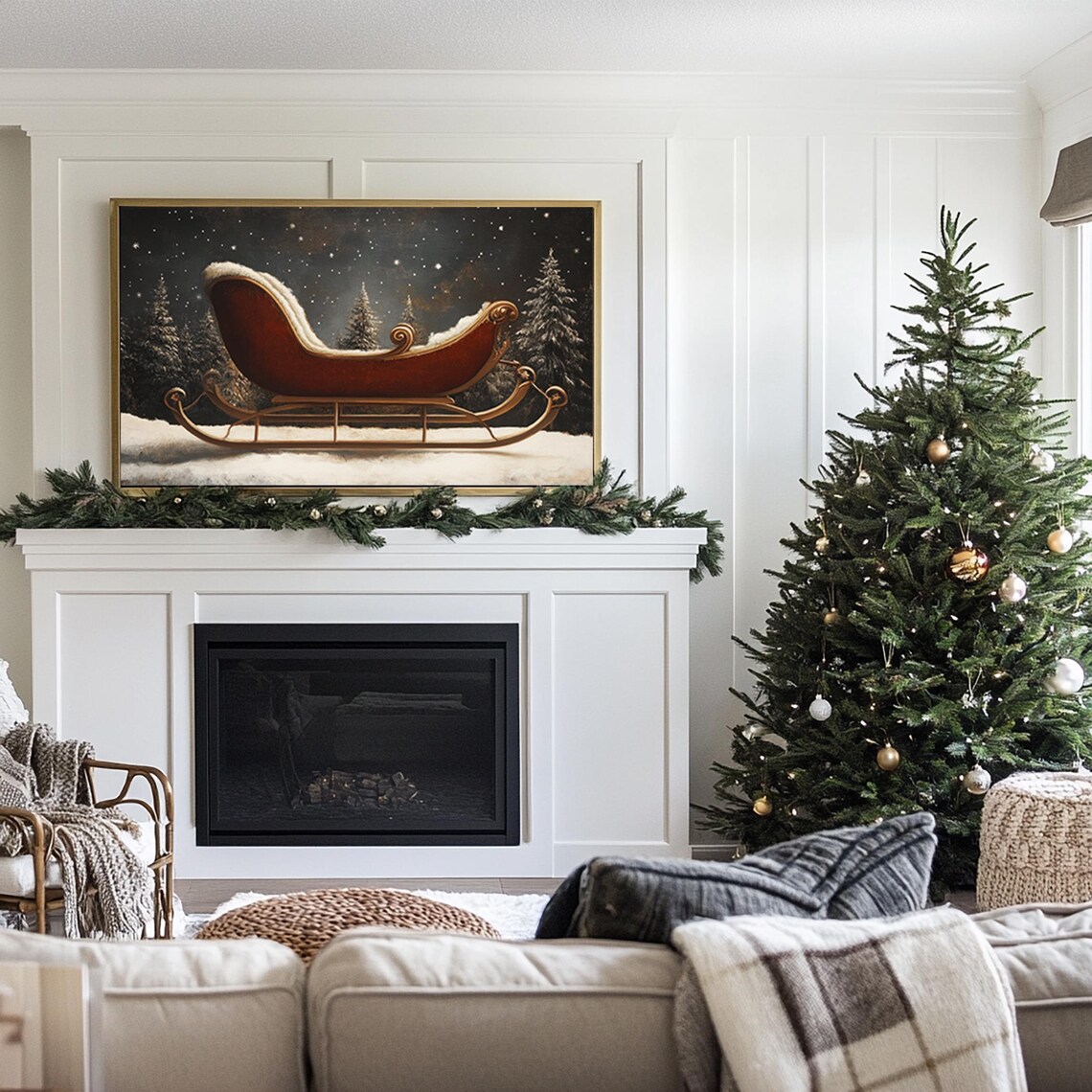 Vintage Santa Sleigh Red Snowy Starry Night Winter Christmas Poster - Image 3