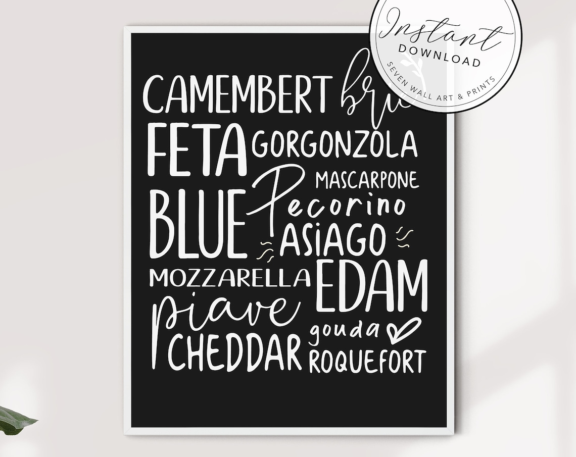 Cheese Varieties Types Typography Kitchen Wall Art Blackboard Poster