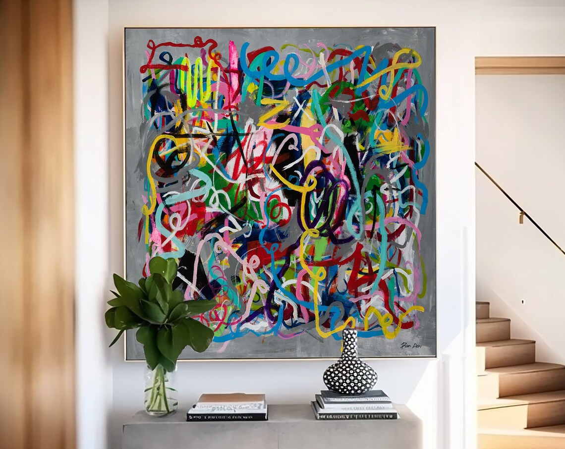 Colorful Abstract Painting Art Print, Modern Gray