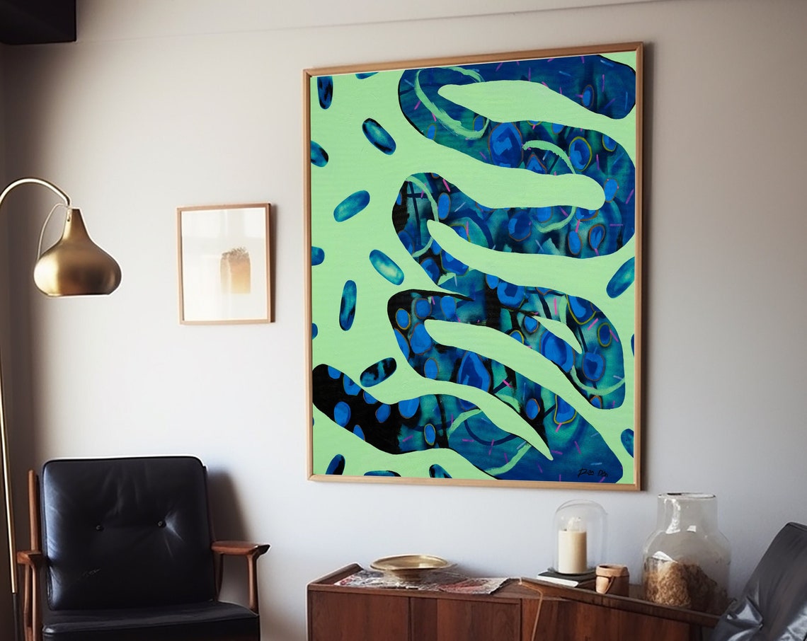 Neon Green Organic Shapes With Blue Ovals Bold Abstract Poster - Image 6