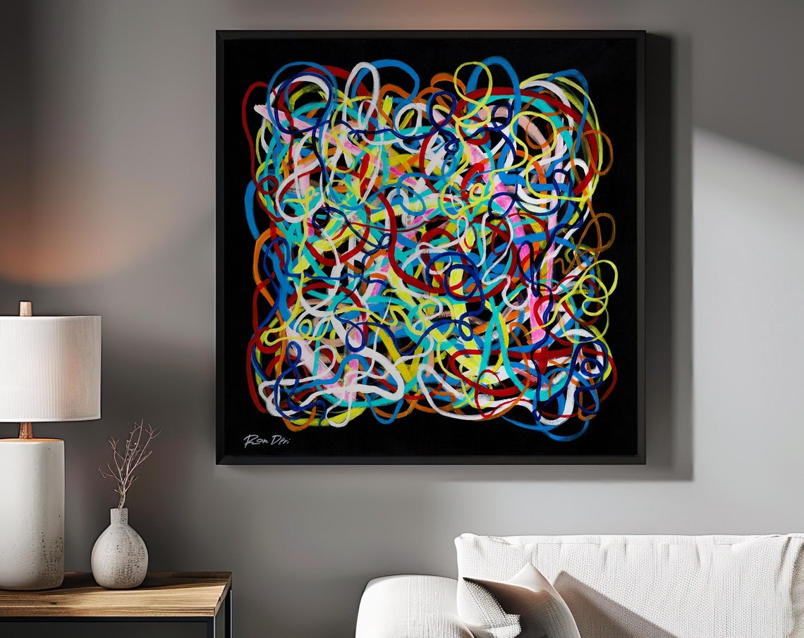 Neon Scribble Line Abstract Poster Electric Doodle Art on Black