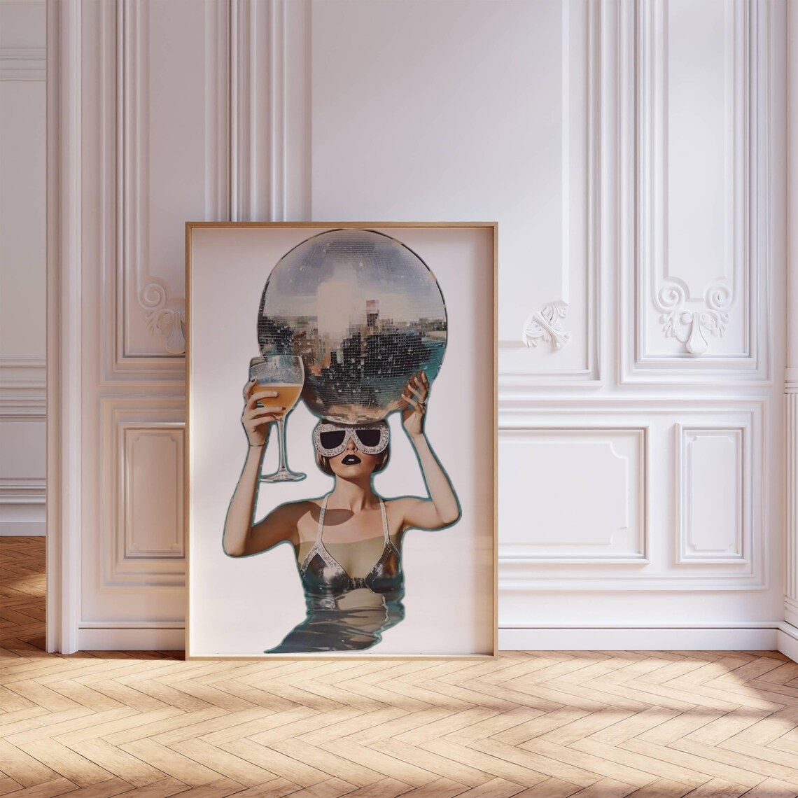 Disco Ball Head Woman Wine Glass Sunglasses Preppy Dorm Room Poster - Image 2