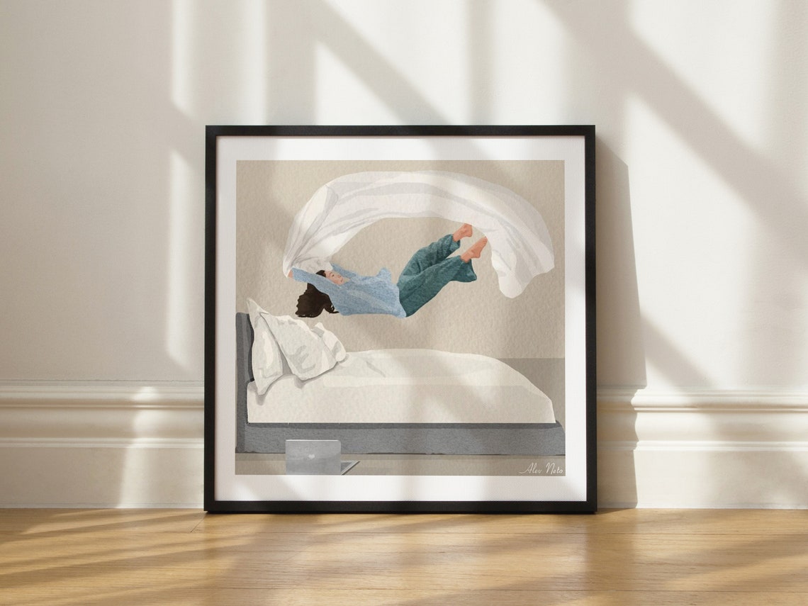 Woman Leaping Into Bed Wrapped in a White Sheet Playful Poster - Image 3