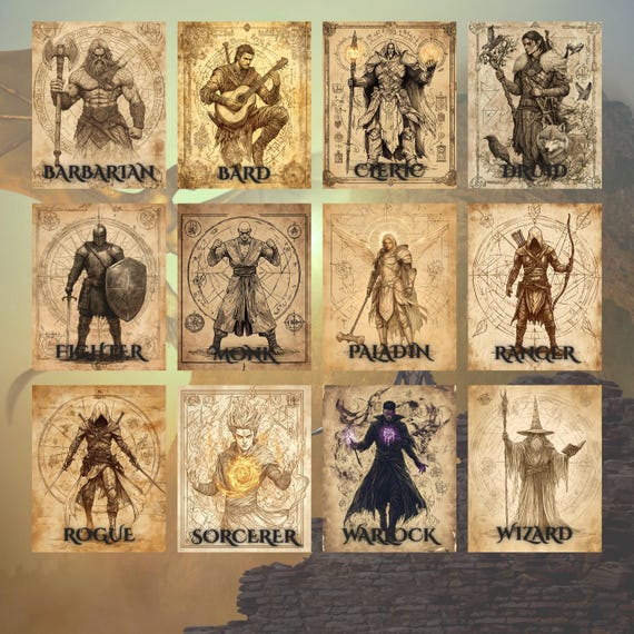 D&D Class Poster Bundle, Fantasy Art Print