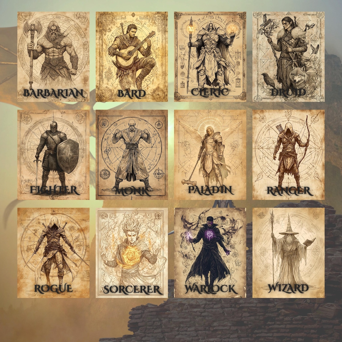 D&D Class Poster Bundle, Fantasy Art Print