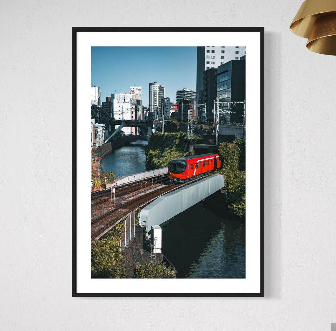 Red Train Crossing Tokyo Canal Bridge City Street Travel Poster