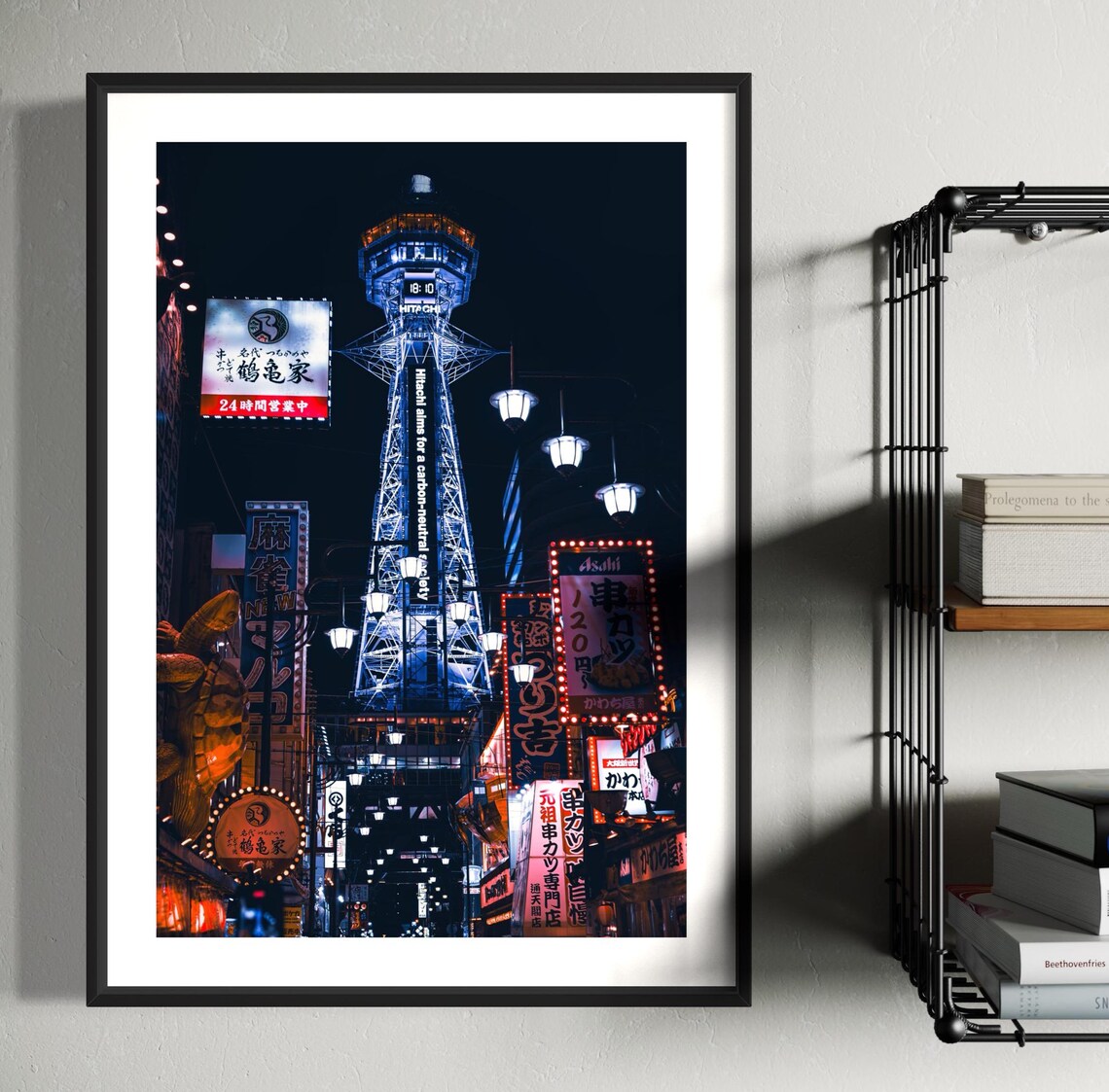 Tsutenkaku Tower Osaka Glowing At Night Neon Street Photo Poster