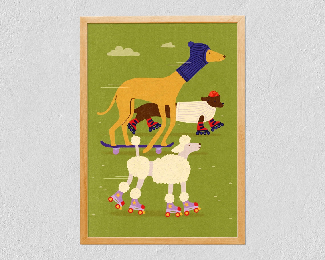 Dogs Roller Skating Greyhound Poodle Dachshund Cute Funny Dog Poster