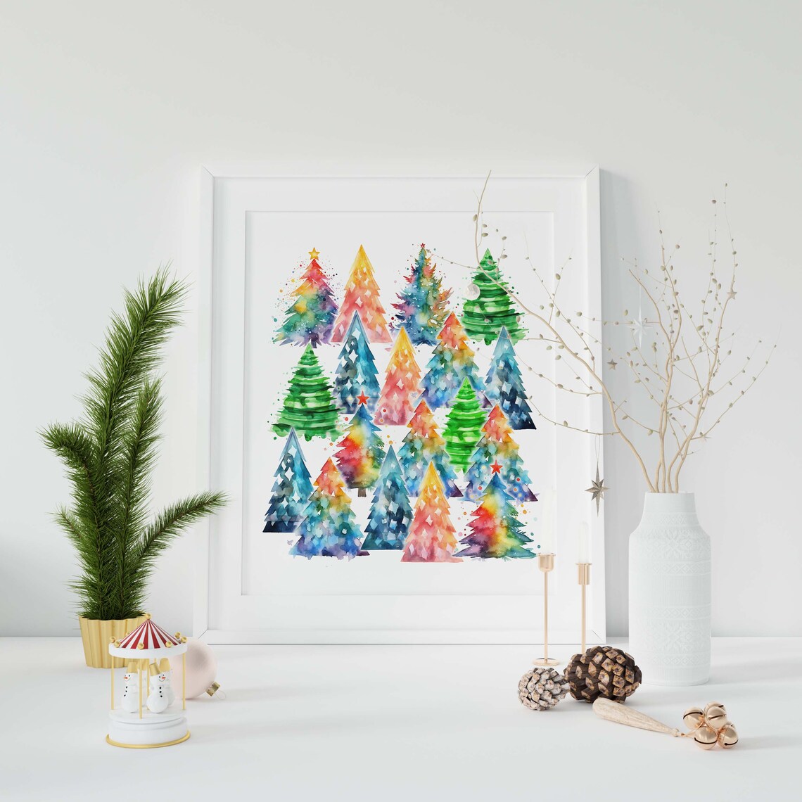 Rainbow Christmas Trees Watercolor Holiday Art Print - Image 3