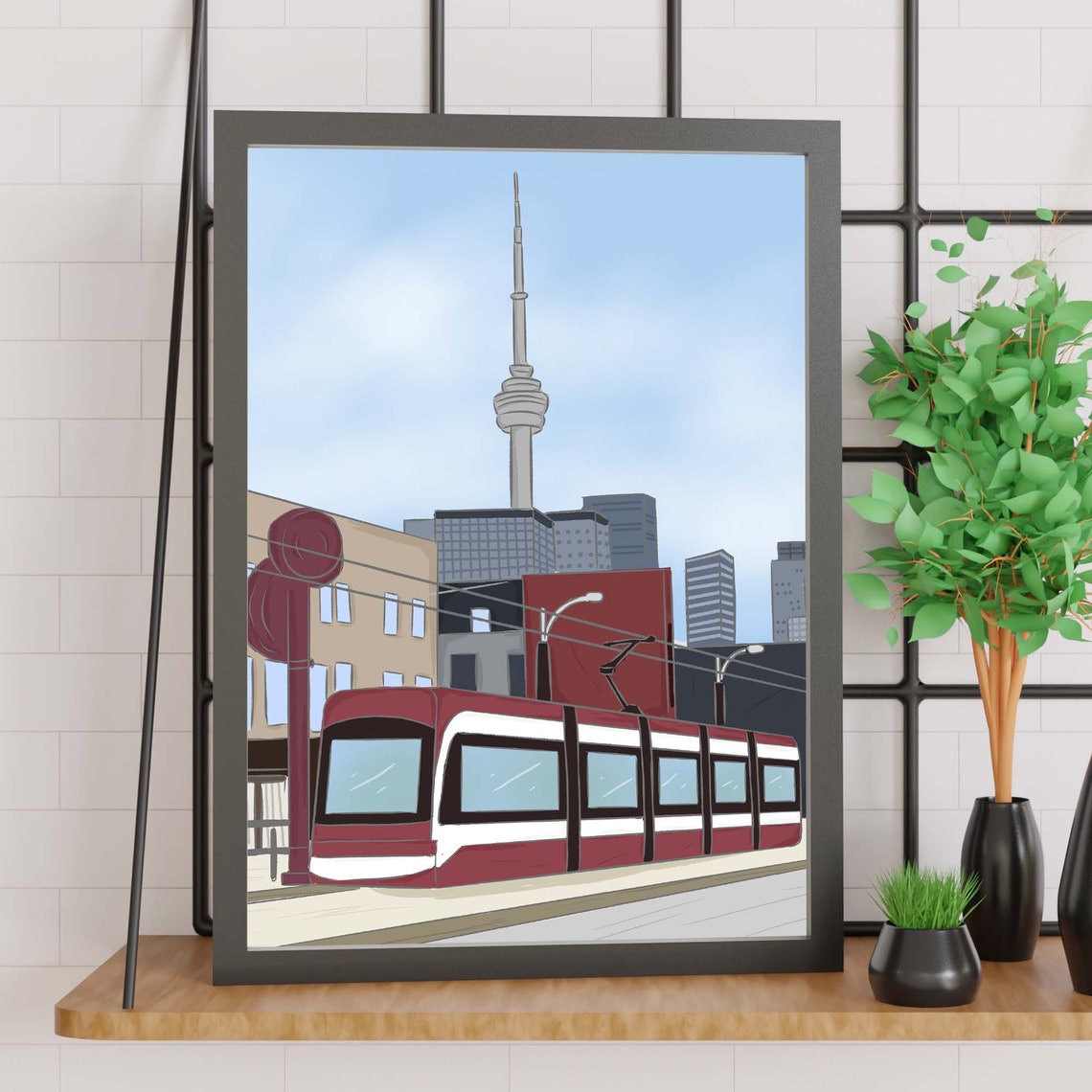 Toronto TTC Red Streetcar CN Tower Skyline Daytime City Art Poster