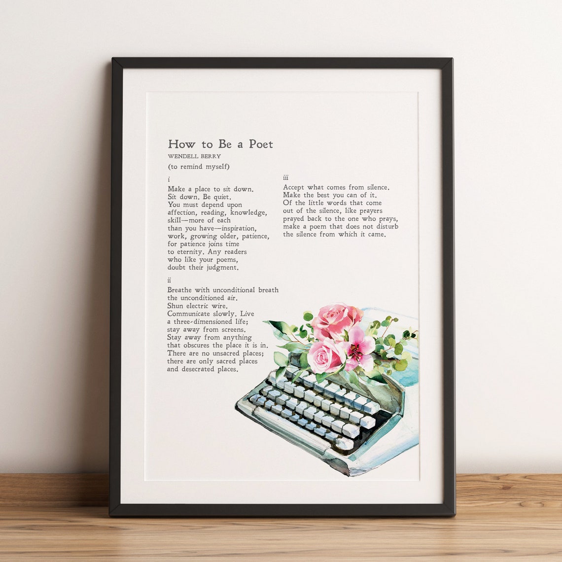 Wendell Berry How To Be A Poet Poem Typewriter Roses Wall Art Print - Image 2