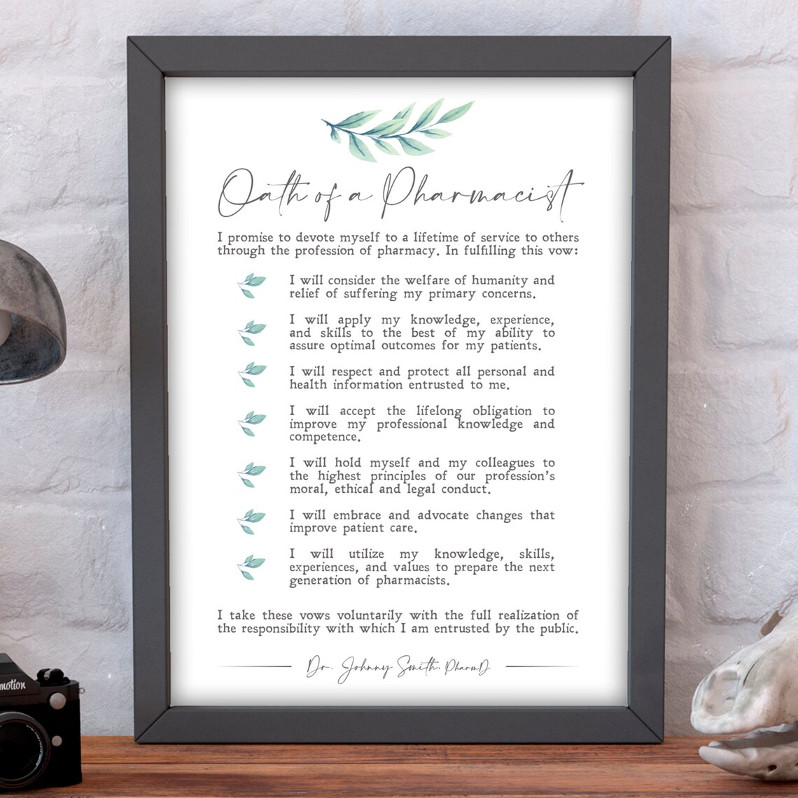 Personalized Oath Of A Pharmacist, Minimalist Art Print