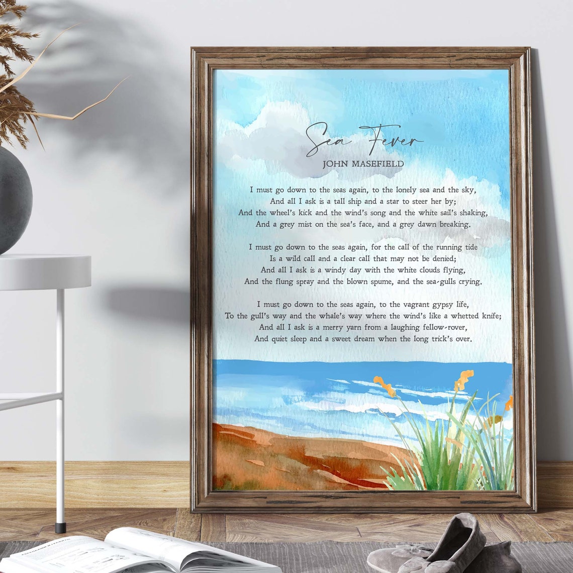 John Masefield Sea Fever Poem Beach Watercolor Ocean Art Print - Image 2