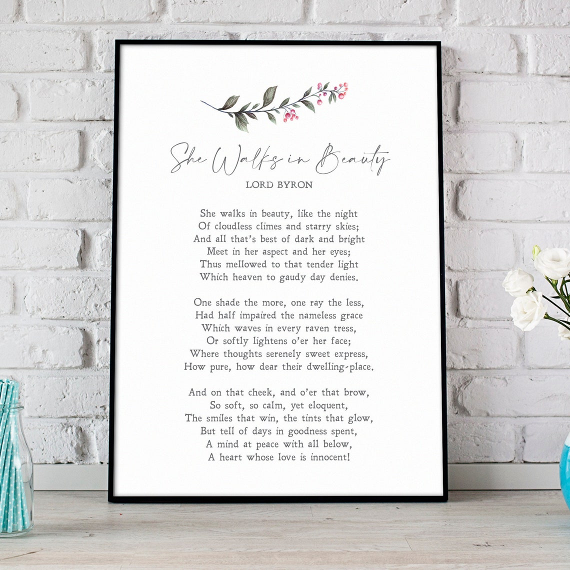Lord Byron She Walks In Beauty Poem Minimalist Botanical Wall Art