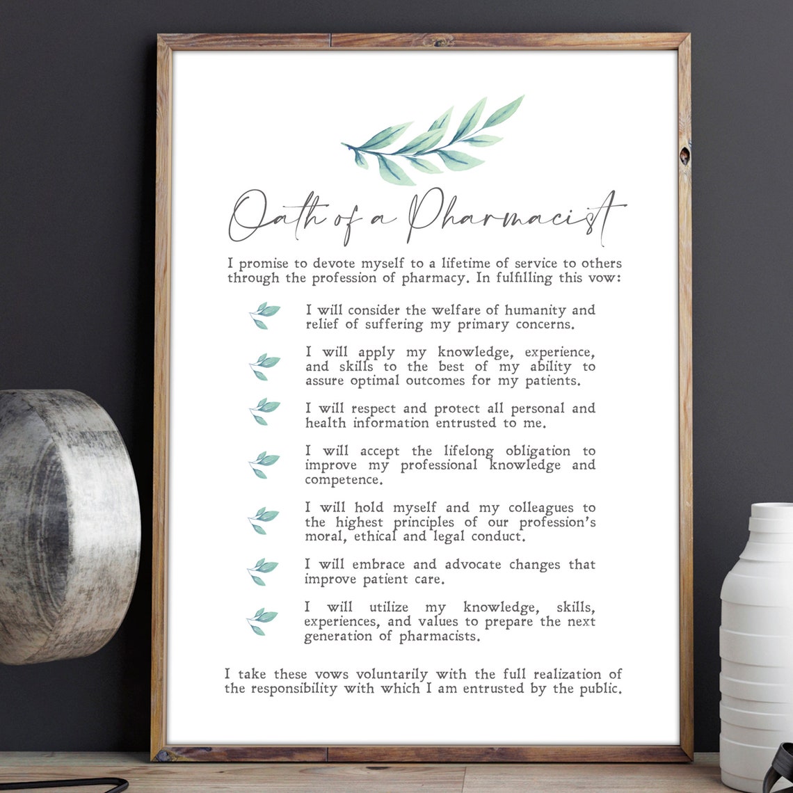 Oath Of A Pharmacist Minimalist Botanical Graduation Gift Print