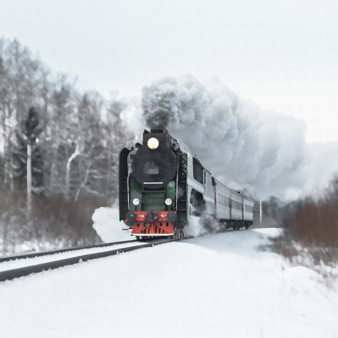 Steam Locomotive Train Painting, Winter Landscape - Image 3