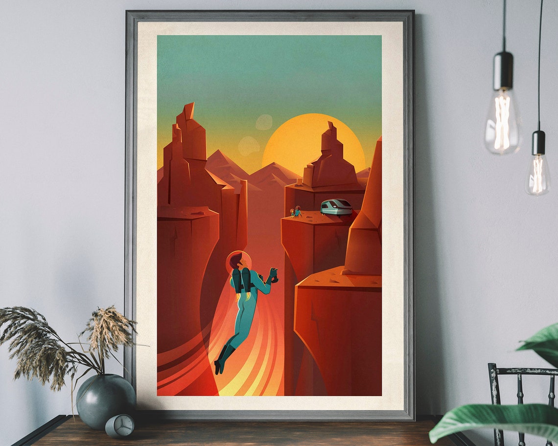 Retro Astronaut Mars Canyon Space Travel Vintage Sci Fi Art Poster