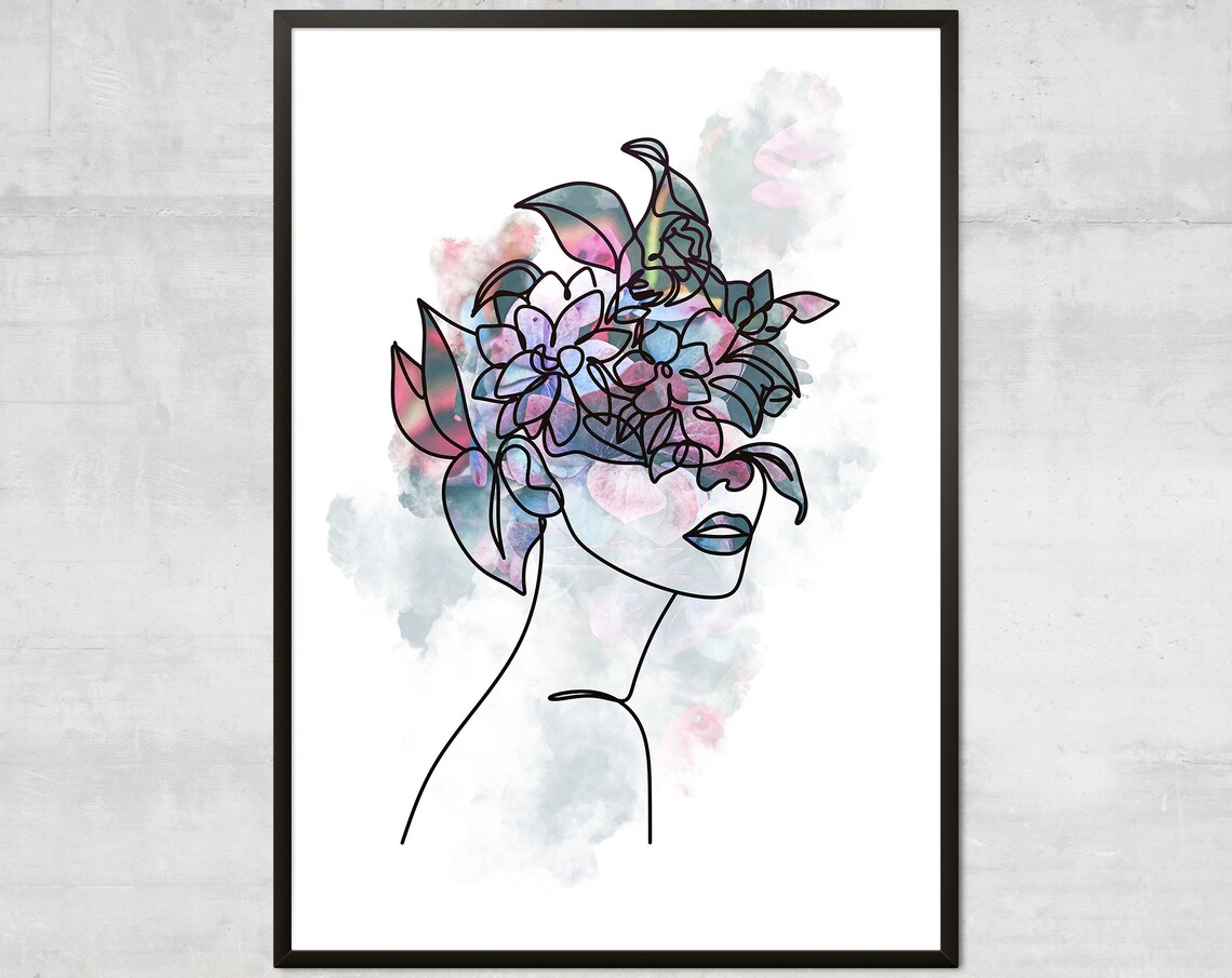 Line Art Woman Floral Hair Watercolor Minimalist Portrait Poster
