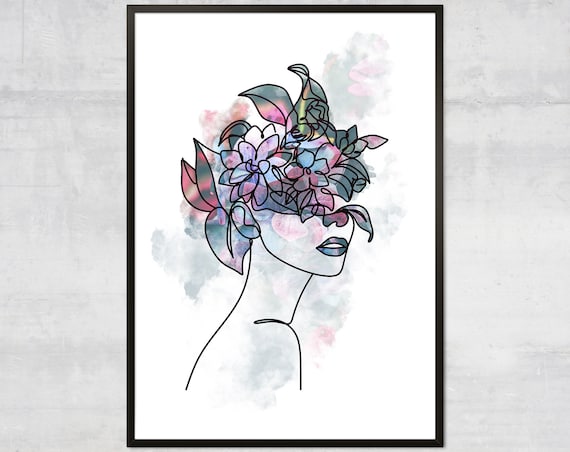 Line Art Woman Floral Hair Watercolor Minimalist Portrait Poster