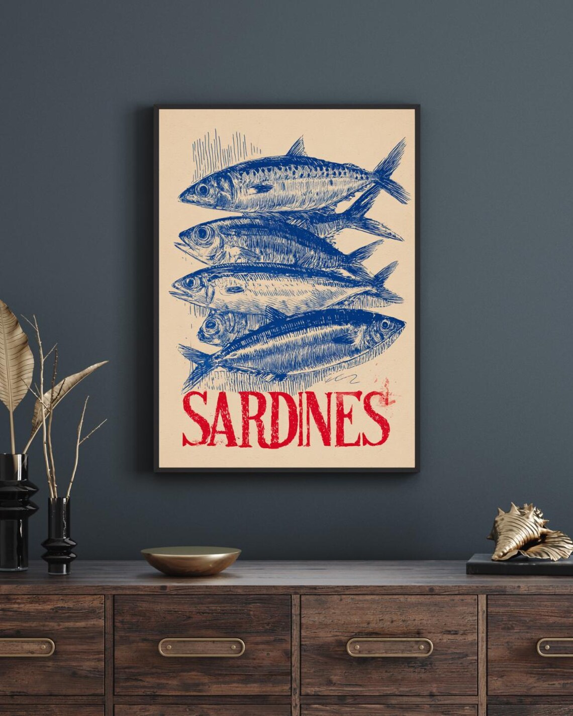 Vintage Sardines Blue Ink Illustration Retro Kitchen Fish Art Poster