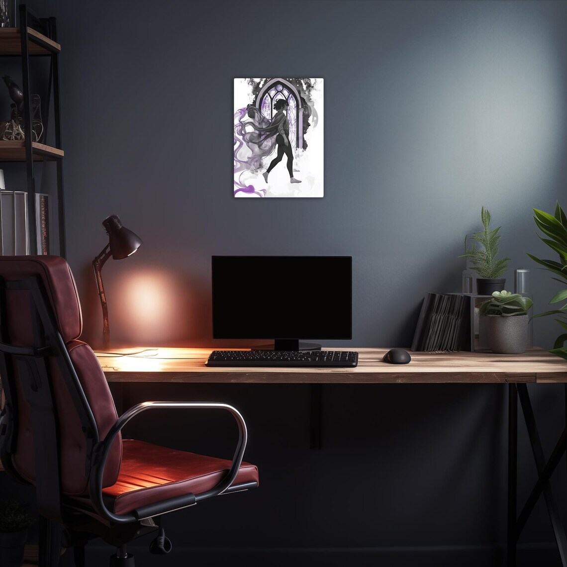Dark Haired Girl With Purple Smoke Gothic Window Watercolor Art Poster - Image 2