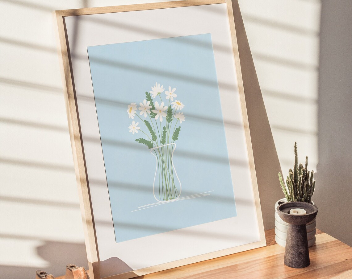 Sky Blue Daisies Botanical Flower Art Print