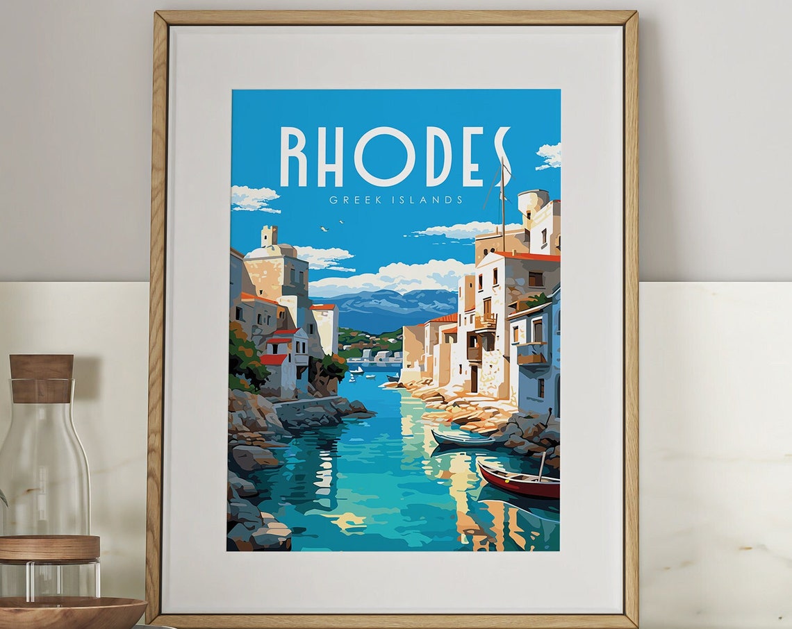 Rhodes Harbor Greece Turquoise Blue Water Vintage Travel Poster - Image 2