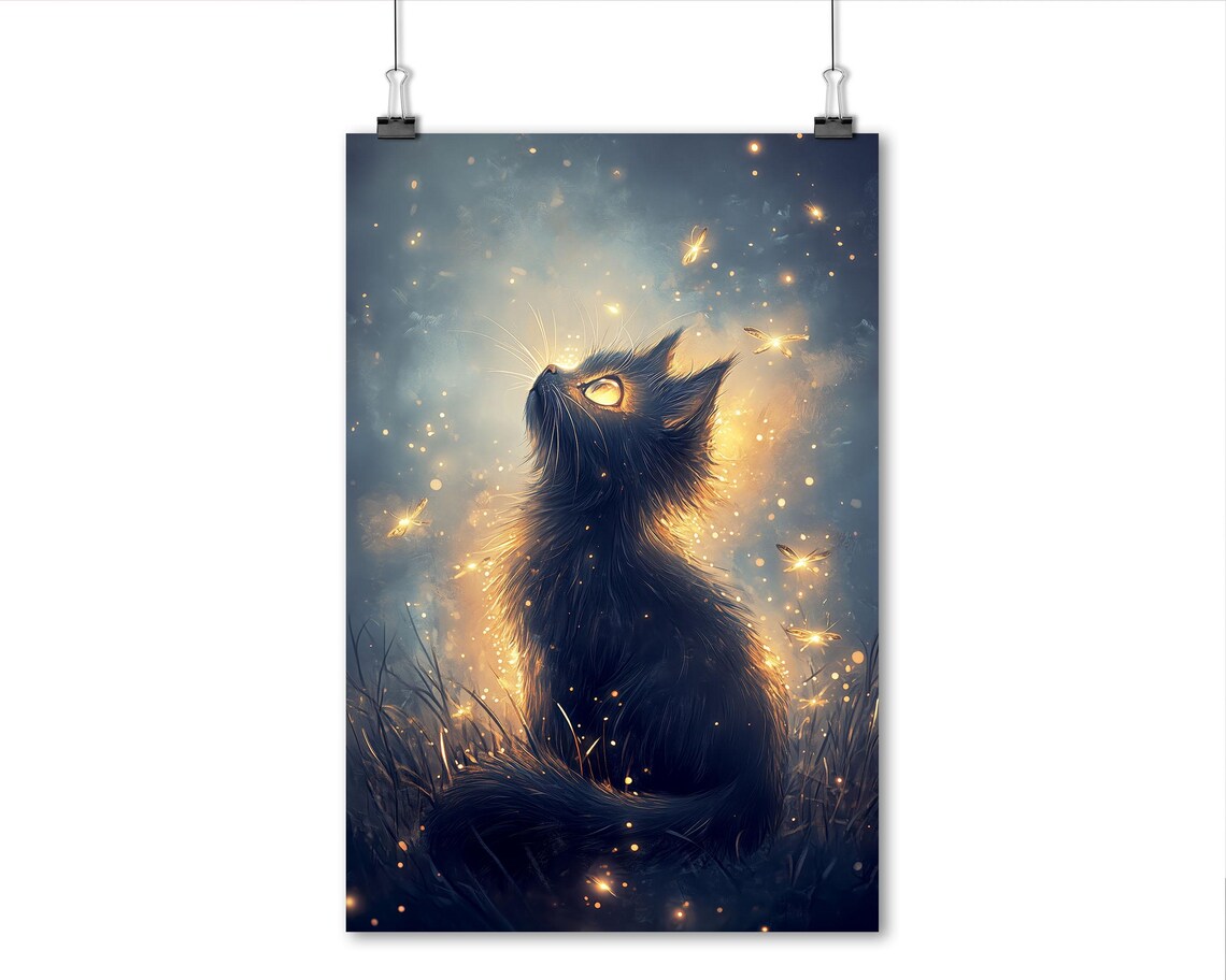 Black Cat Silhouette Fireflies Glowing Blue Night Sky Wall Art - Image 8