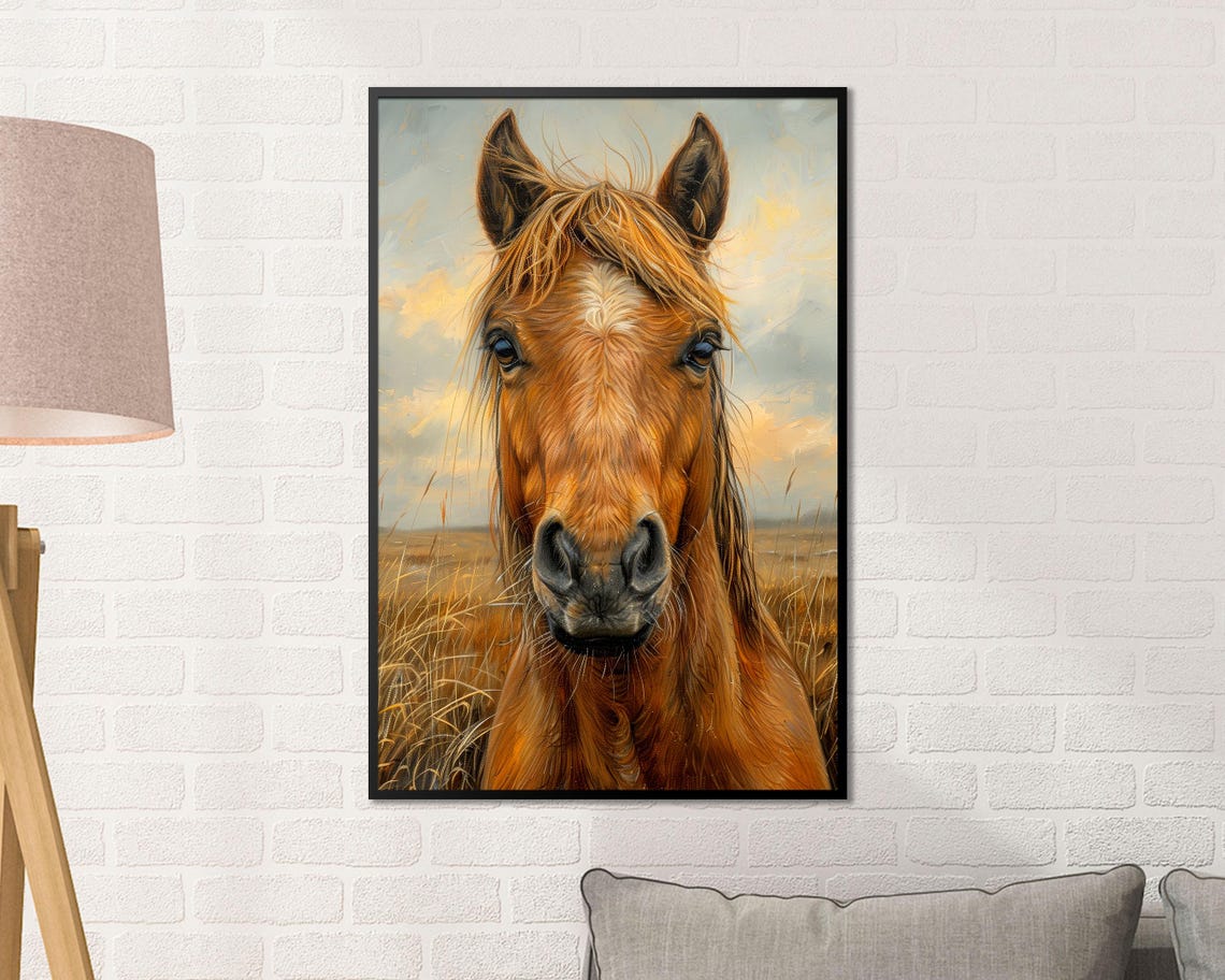 Chestnut Horse Face Portrait Golden Wheat Field Rustic Wall Art