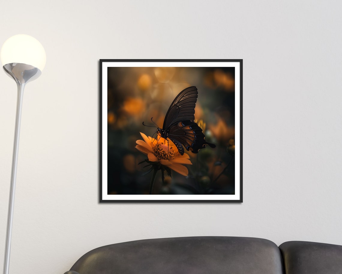 Black Butterfly On Orange Flower Moody Golden Bokeh Nature Poster - Image 2