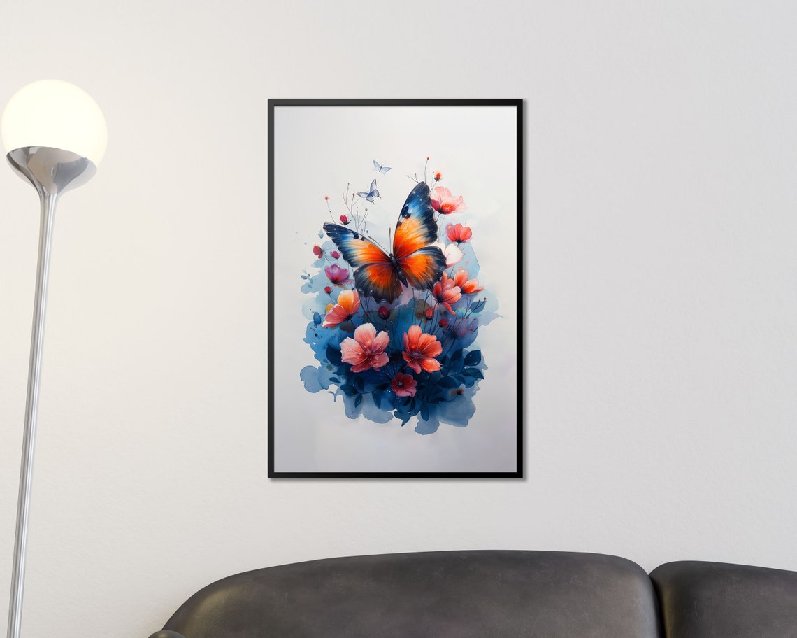 Orange Blue Butterfly Watercolor Floral Botanical Art Print Poster - Image 2