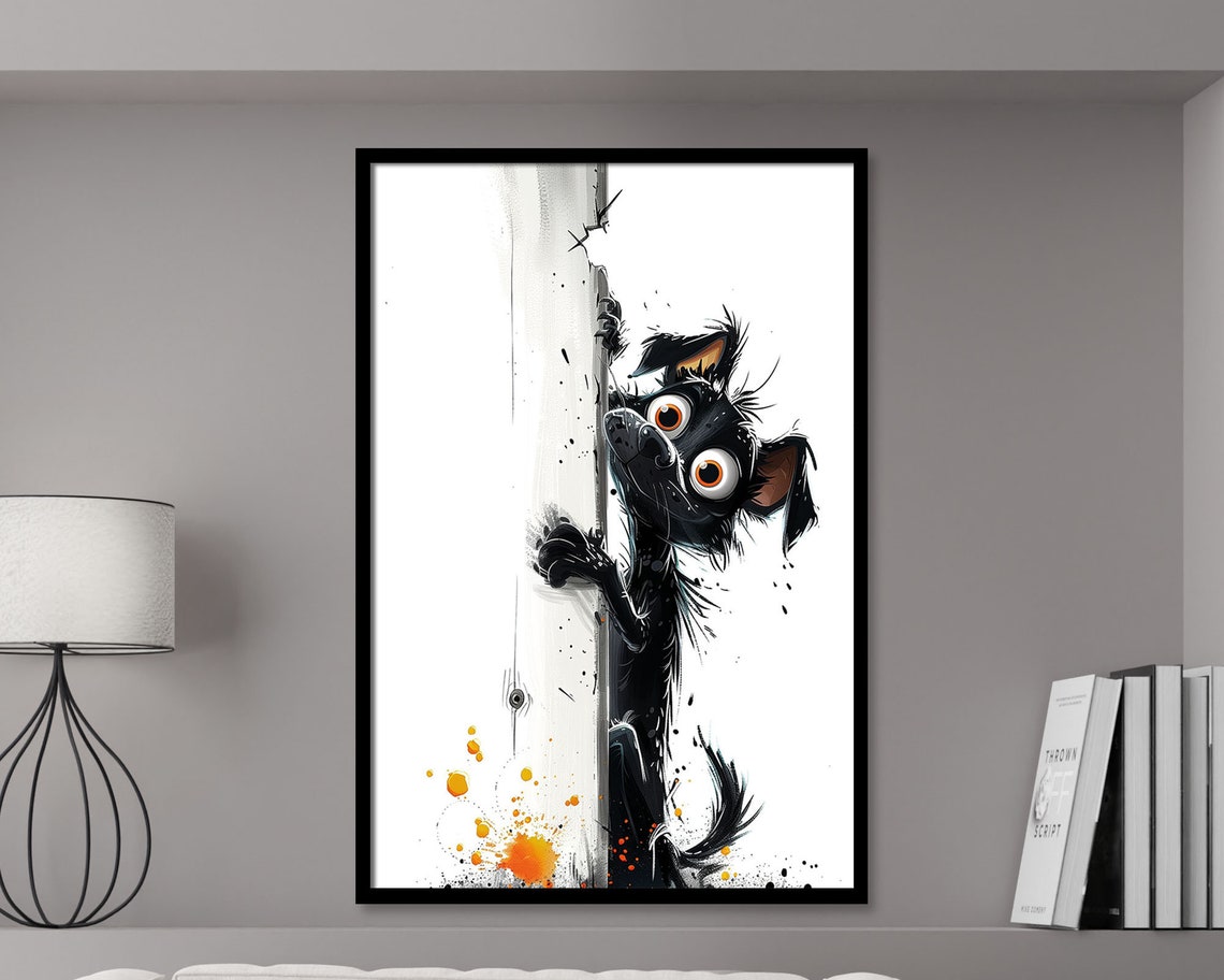 Funny Peeking Dog Cartoon Ink Splatter Wall Corner Black Pup Poster